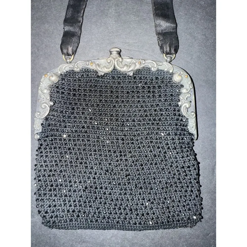 Antique Victorian Crochet Mourning Purse Bag Silver Tone Frame Handbag Black